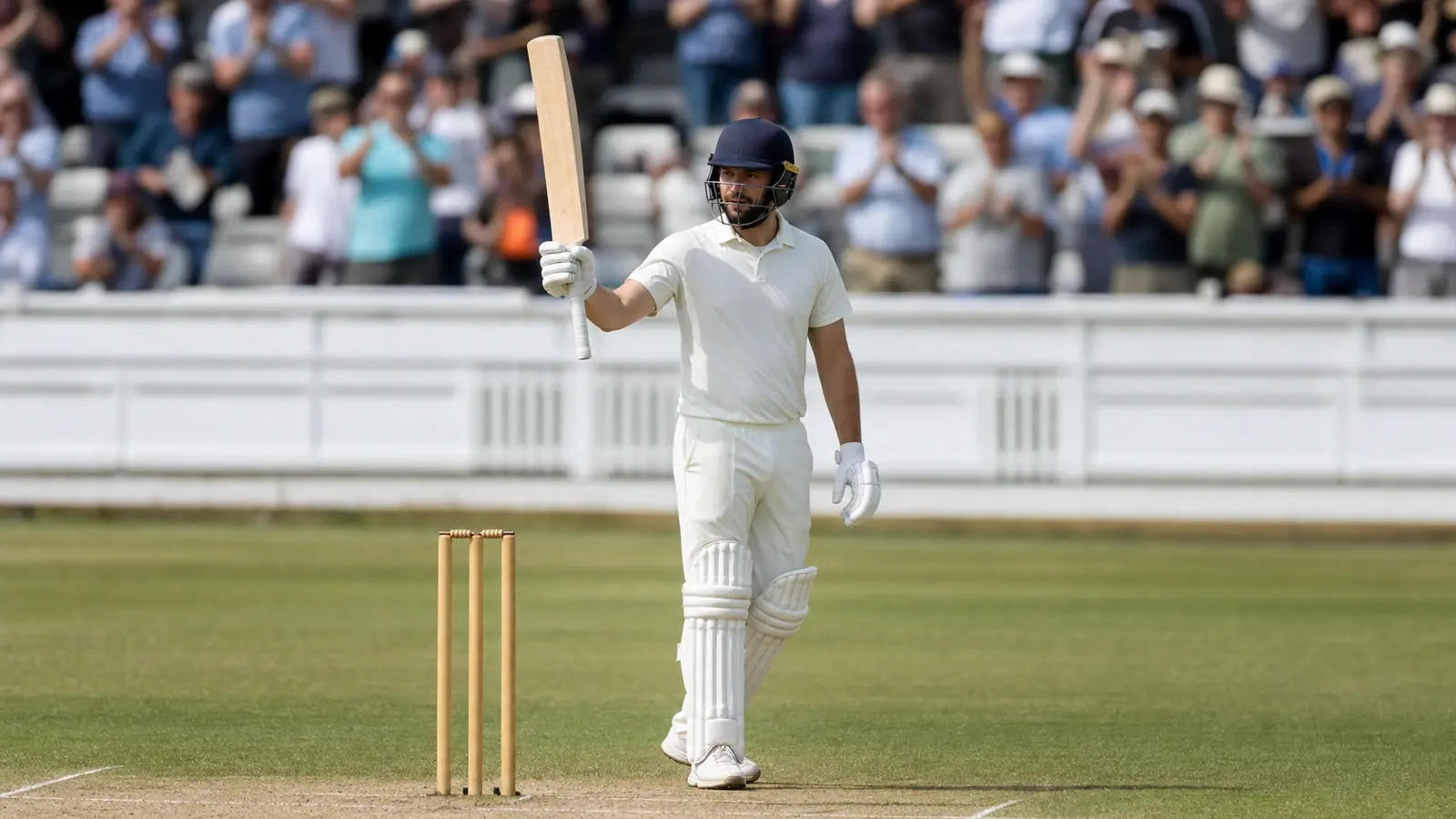 Cricket batsman in whites at the crease with bat raised on a sunlit cricket field during a fantasy cricket match window
